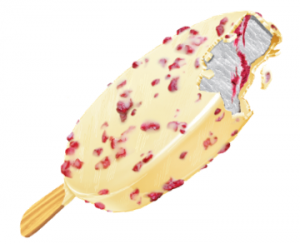 Fresh cream vanilla ice cream with raspberry filling and Belgian white chocolate with raspberries